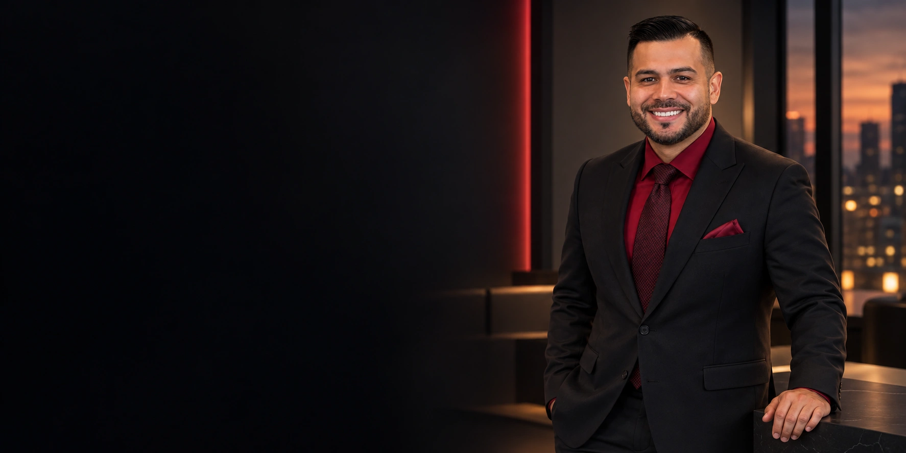 Robert Casillas in a black suit and red tie in an executive lounge at dusk